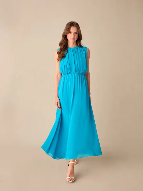 Petite Lucia Blue Gathered Waist Maxi Dress Fashionable Faux Wrap Maxi Dress