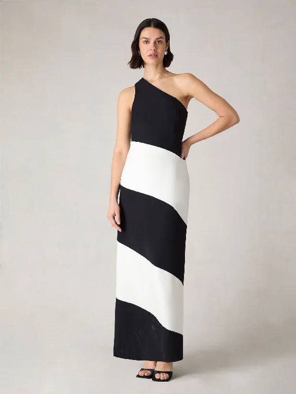 Petite Sofia Mono Stripe One Shoulder Maxi Dress Classic A-Line Maxi Dress