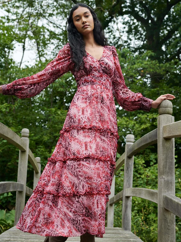 Pink Animal Print Frill Detail Maxi Dress Comfortable Ruffle Maxi Dress