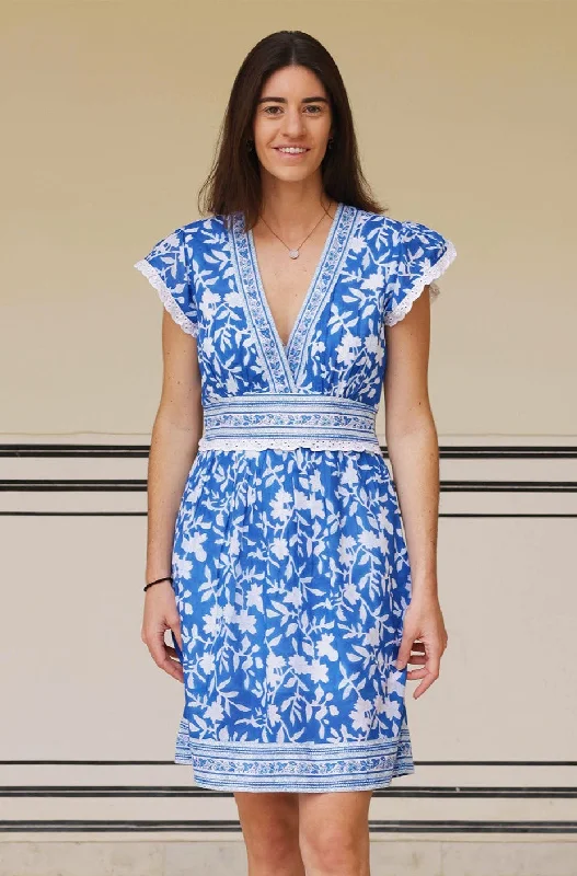 Pippa Block Print Mini Dress | Japanese Flower Cobalt Elegant Silk Mini Dress