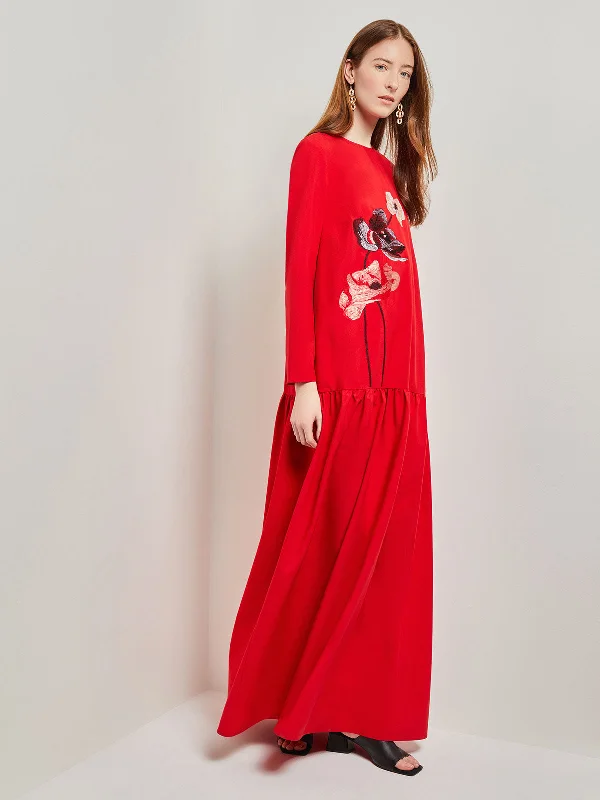 Placed Floral Drop Waist Twill Maxi Dress Comfortable Plunging Neckline Maxi Dress