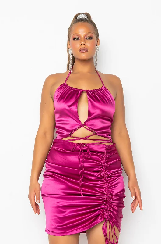 PLUS 50 SHADES OF SLAY LACE UP SATIN RUCHED MINI DRESS FUCHSIA Fashionable Summer Mini Dress