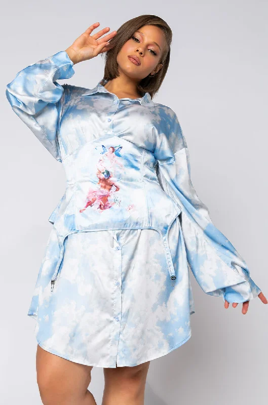 PLUS WAVY LIL BIH CORSET BUTTON UP MINI DRESS BLUE MULTI Chic Puff Sleeve Mini Dress
