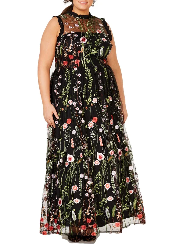 Plus Womens Embroidered Floral Maxi Dress Stylish Button-Up Maxi Dress