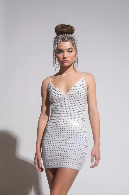 PRETTY AND CLASSY MINI DRESS WITH RHINESTONE BODY WHITE Chic Tropical Mini Dress