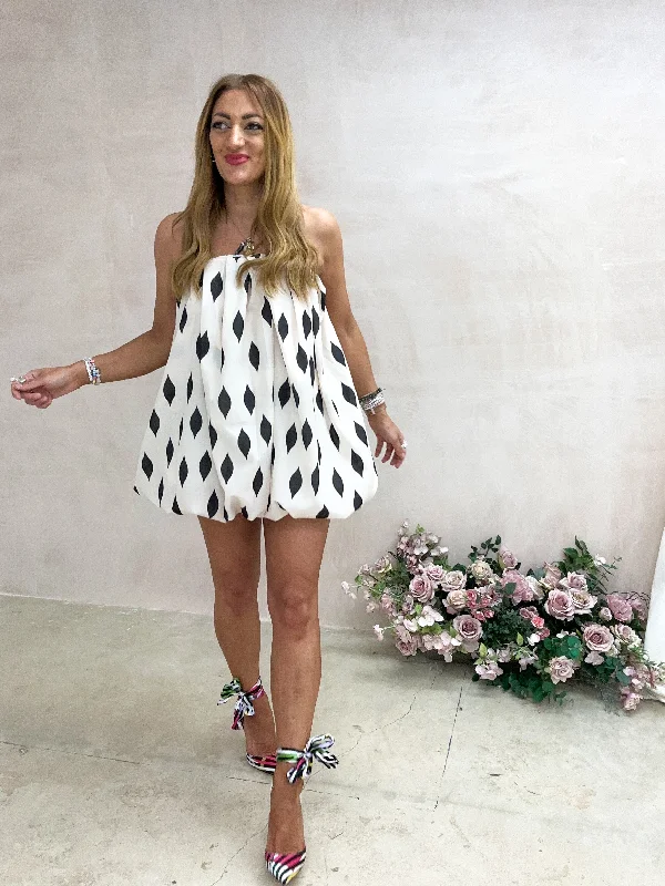 Puffball Mini Dress In Cream Diamond Print Trendy Crossover Mini Dress