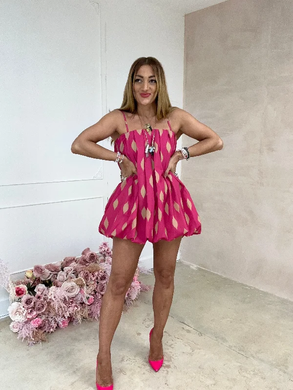 Puffball Mini Dress In Pink Diamond Print Elegant Vintage Mini Dress
