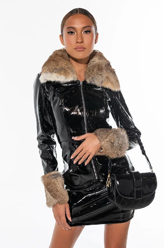 REAL FUR ZIP FRONT VINYL MINI DRESS Classic Floral Mini Dress