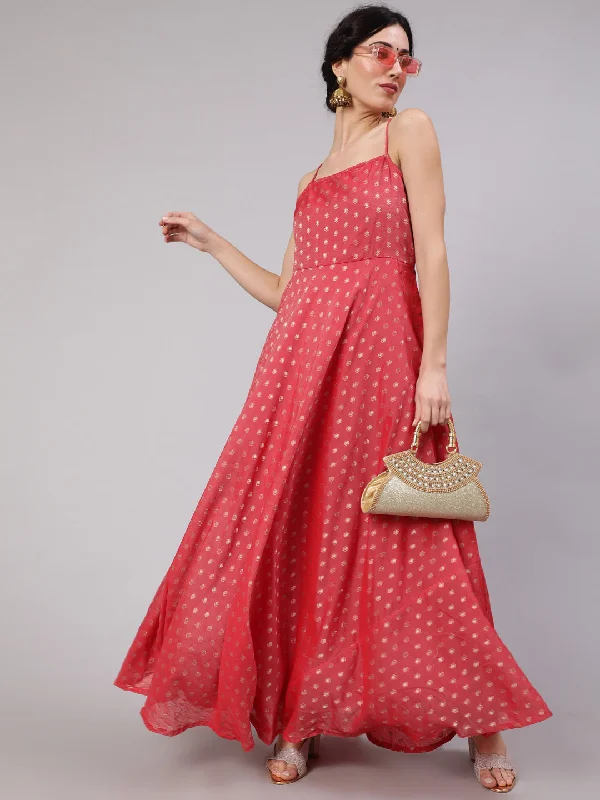 Women's Red Woven Design Flared Maxi Dress - Aks Comfortable Flowy Maxi Dress