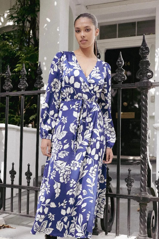 Resonance Blue Floral Satin LS Wrap Maxi Dress Stylish Maxi Dress with Frills