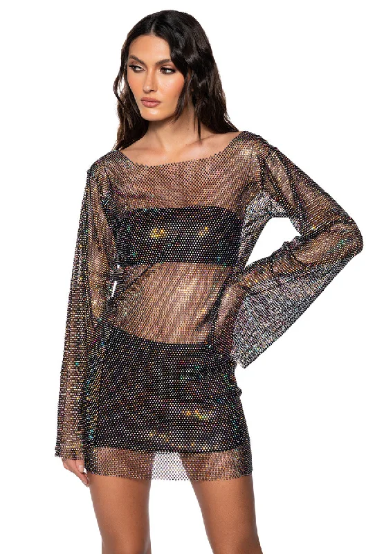 RETRO RHINESTONE MESH MINI DRESS Trendy Cut-Out Mini Dress