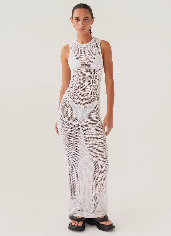 Rock The Boat Crochet Maxi Dress - White Comfortable Fitted Maxi Dress