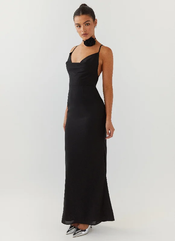Royal Charm Rose Maxi Dress - Black Stylish Pleated A-Line Maxi Dress