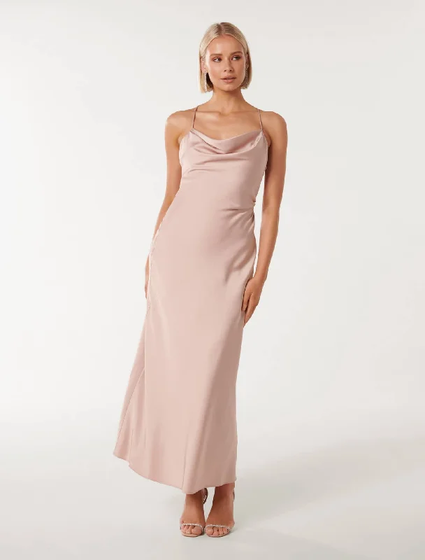 Ruby Petite Tie Back Satin Maxi Dress Fashionable Open-Back Maxi Dress