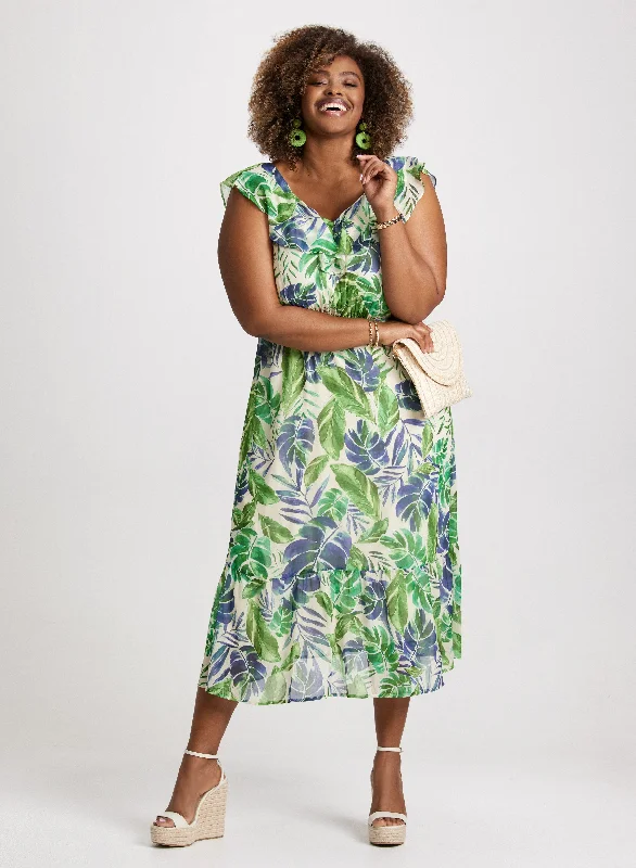 Ruffled V-Neck Crepe Maxi Dress Chic Button-Up Maxi Dress
