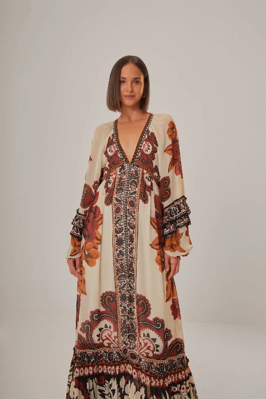 Sand Winter Tapestry V Neck Maxi Dress Comfortable Plunging Neckline Maxi Dress