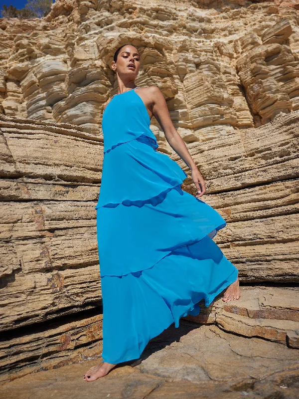 Savannah Blue Chiffon Tiered Maxi Dress Fashionable Button-Down Maxi Dress