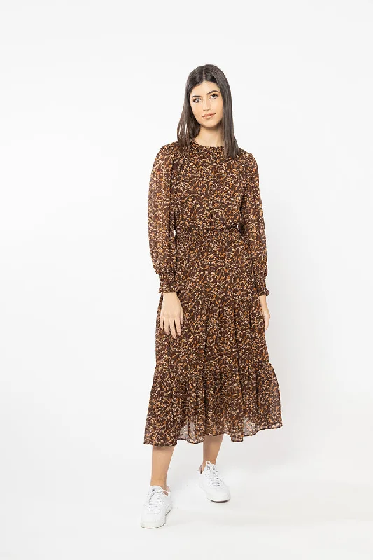 Serene Bronze Floral Shirred Waist LS Maxi Dress Comfortable Fit-and-Flare Maxi Dress