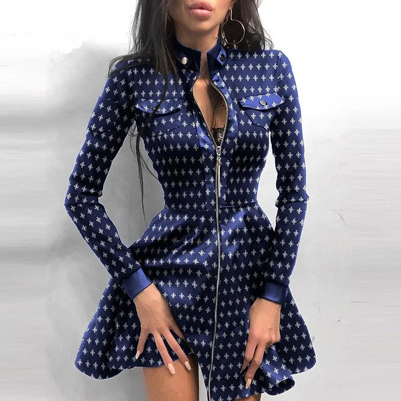 Sexy Stand Collar Print Zipper Long Sleeves Mini Dress Casual Autumn Winter Fashion Pocket Pu Leather Dress Elegant Slim Dresses Comfortable Bodycon Mini Dress