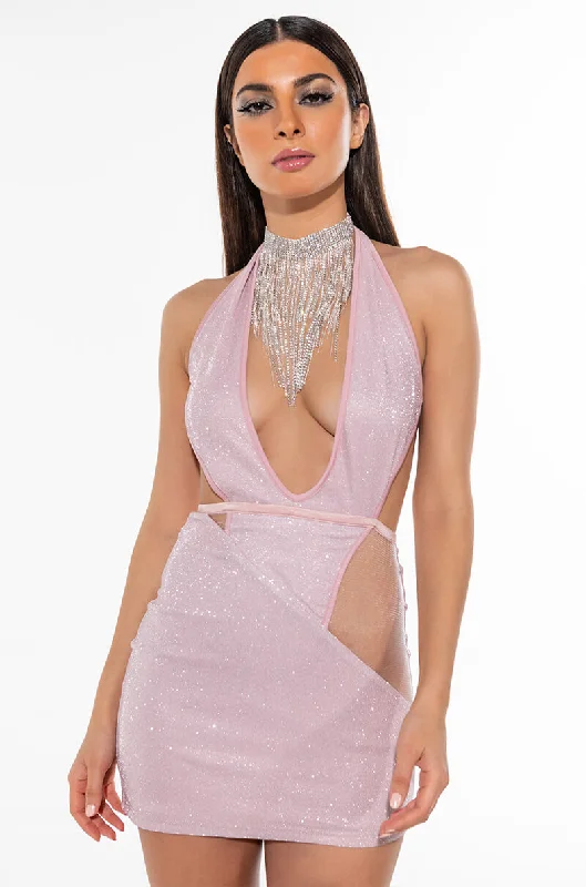 SHINE ON BITCH GLITTER MINI DRESS PINK Stylish Ruffle Mini Dress