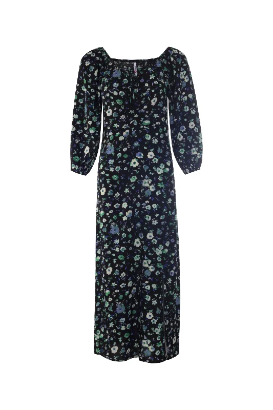 Shirred back ptd Viscose Maxi Dress | Green Black Sprig | 3358AR Classic A-Line Maxi Dress