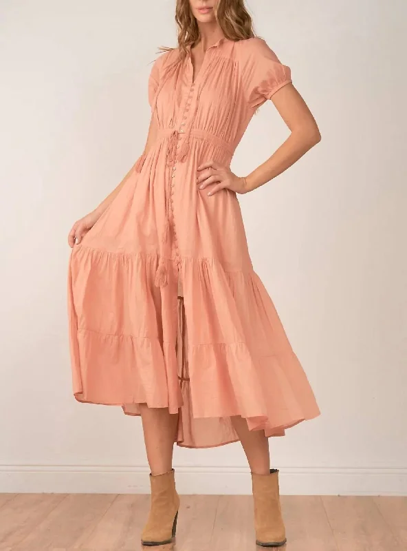 SHORT SLEEVE BUTTON UP MAXI DRESS in Dusty Rose Trendy Printed Maxi Dress