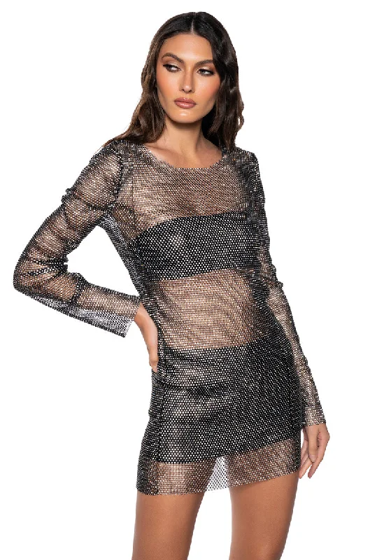 SHOW STOPPER MINI DRESS IN BLACK SILVER Casual V-Neck Mini Dress