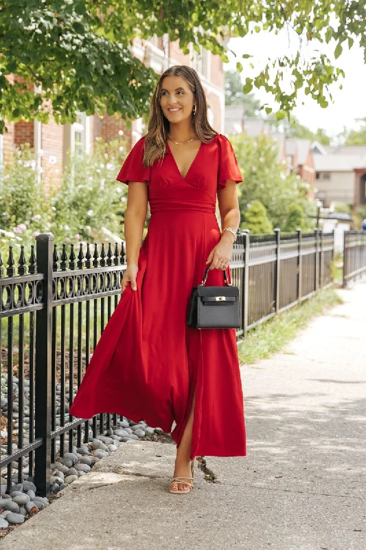 Showstopper Red Slit Maxi Dress - FINAL SALE Stylish V-Neck Maxi Dress