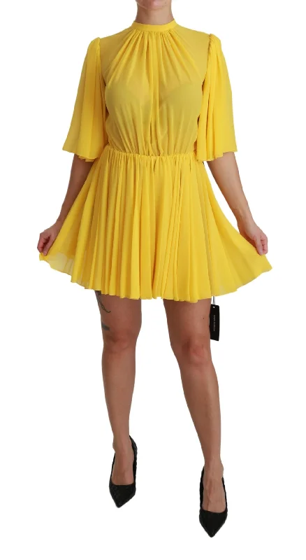 Silk Pleated A-line Mini Dress in Sunshine Yellow Comfortable One-Shoulder Mini Dress