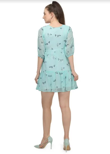 Women's Sky Blue Mini Dress With Tie Up At The Waist - MESMORA FASHIONS Comfortable One-Shoulder Mini Dress