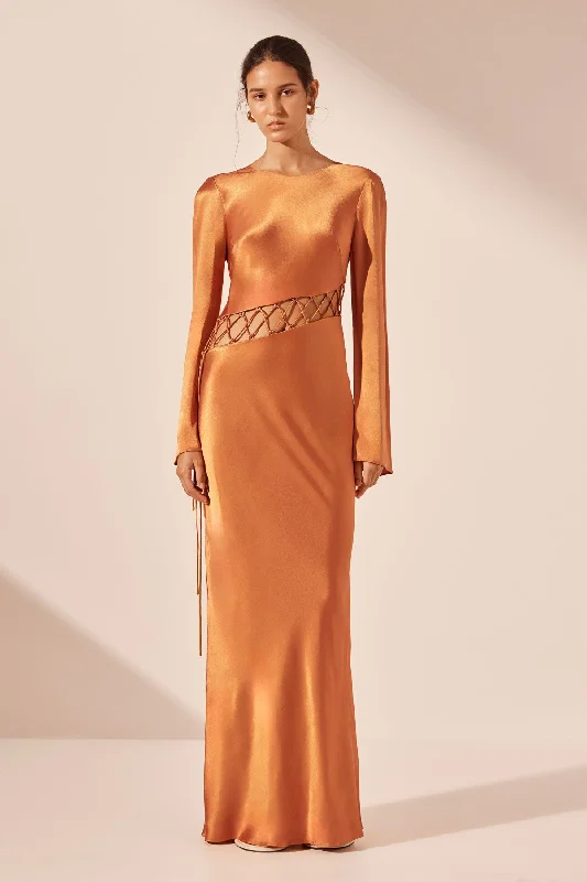 SOFIA ASYMMETRICAL LACE UP MAXI DRESS - GINGER Elegant Maxi Dress with Pockets