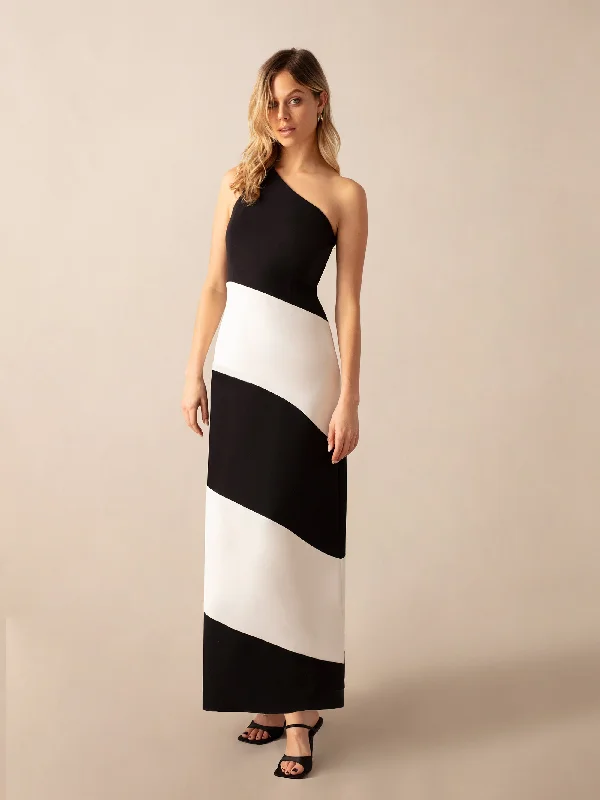 Sofia Mono Stripe One Shoulder Maxi Dress Trendy Satin Maxi Dress