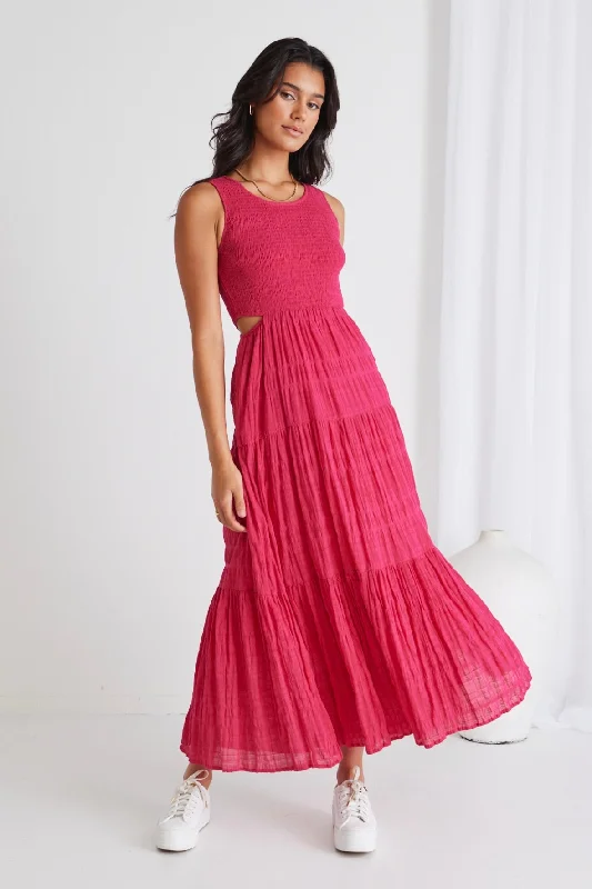 Sorella Raspberry Shirred Cotton Sleeveless Waist Cut Out Tiered Maxi Dress Comfortable Cotton Maxi Dress