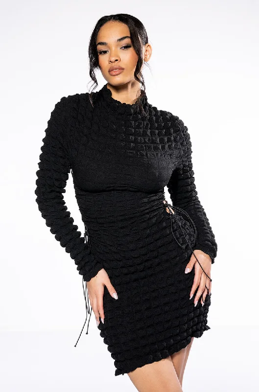 SULTRY LONG SLEEVE MOCK NECK CUT OUT MINI DRESS Elegant Silk Mini Dress