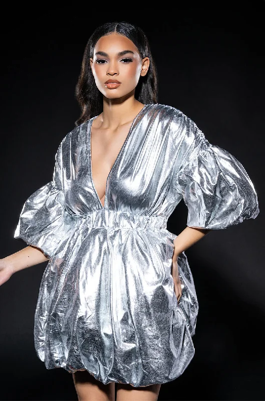 SUPERSTAR METALLIC V NECK MINI DRESS IN SILVER Comfortable Wrap Mini Dress