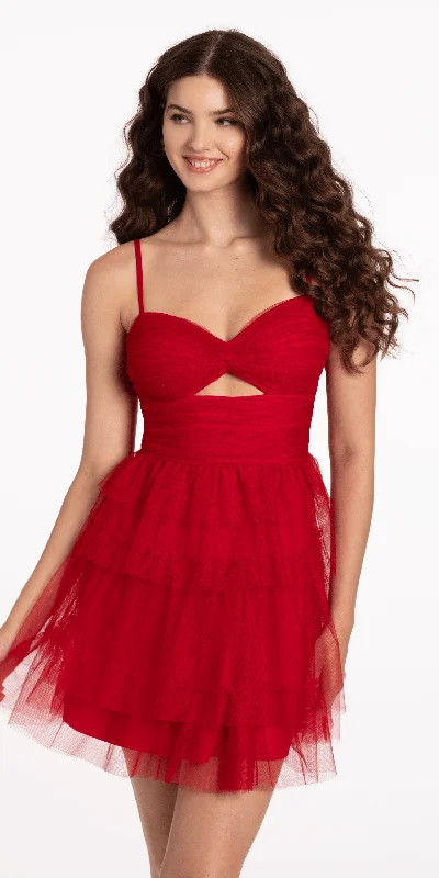 Sweetheart Mesh Cutout Tiered Mini Dress Comfortable Off-Shoulder Mini Dress