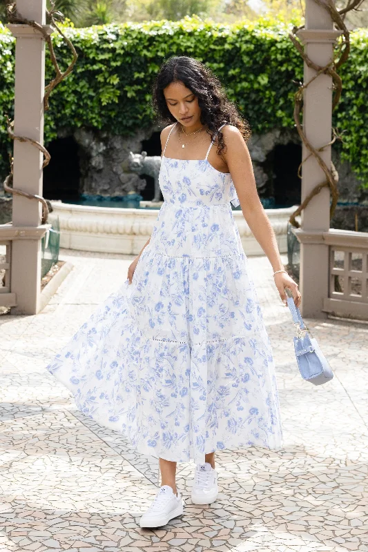 Universe Blue Floral Tie Back Tiered Strappy Maxi Dress Trendy Short Sleeve Maxi Dress