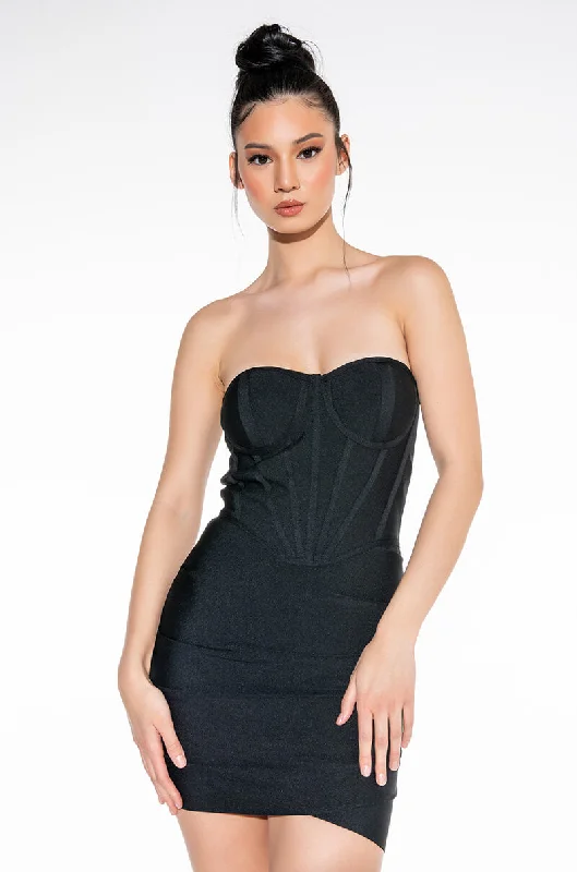 WHAT YOU NEED BANDAGE CORSET TOP MINI DRESS Chic Mini Dress with V-Neck