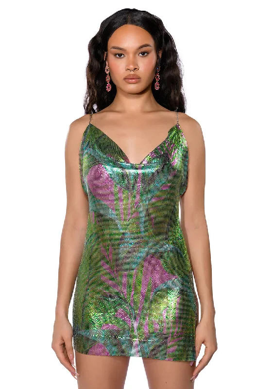 WILD CHILD COWL NECK CHAIN MAIL MINI DRESS Stylish Floral Print Mini Dress