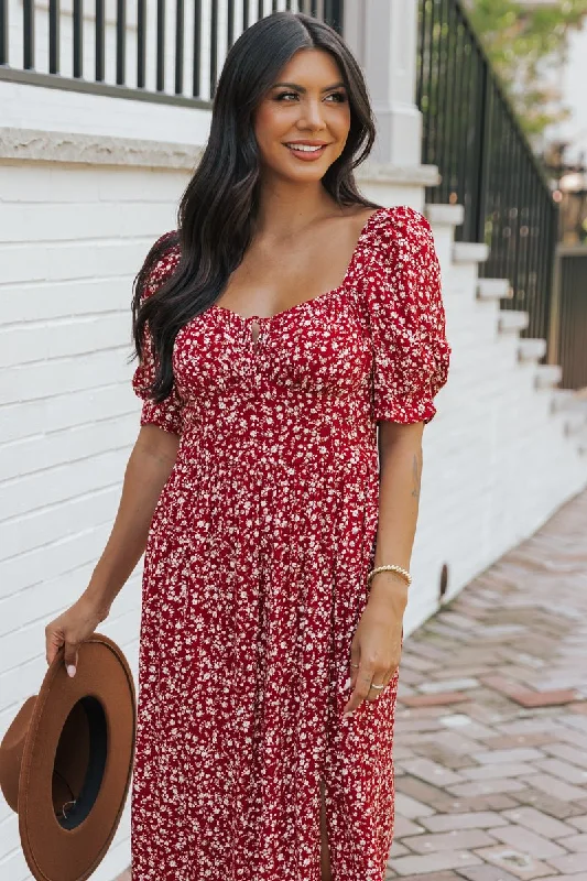 Wine Floral Print Smocked Maxi Dress - FINAL SALE Fashionable Maxi Dress with Fringe