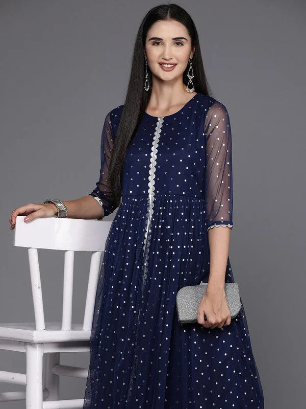 Women's Navy Blue Polka Dot Print Net A-Line Maxi Dress - Ahalyaa Comfortable Ruffle Maxi Dress