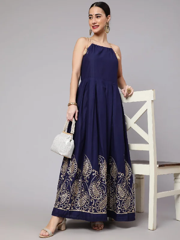 Women's Navy Blue Gota Embroidered Maxi Dress  - Aks Fashionable Halter Neck Maxi Dress