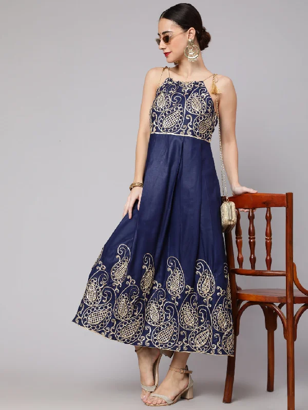 Women's Navy Blue Gota Embroidered Maxi Dress  - Aks Cozy Ribbed Maxi Dress