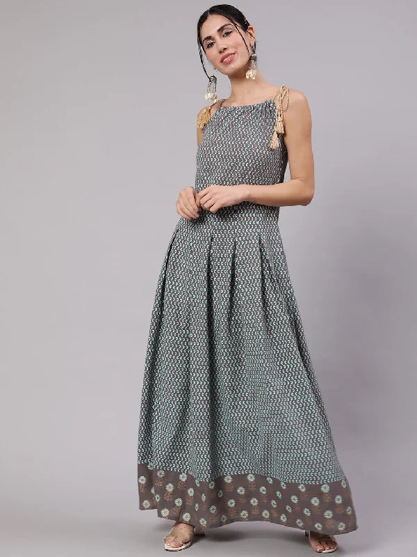 Women's Grey & Blue Gold Printed Maxi Dress - Aks Classic Tulle Maxi Dress