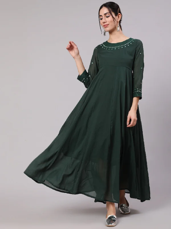 Women's Green Mirror Work Flared Maxi Dress - Aks Trendy Off-Shoulder Ruffle Maxi Dress