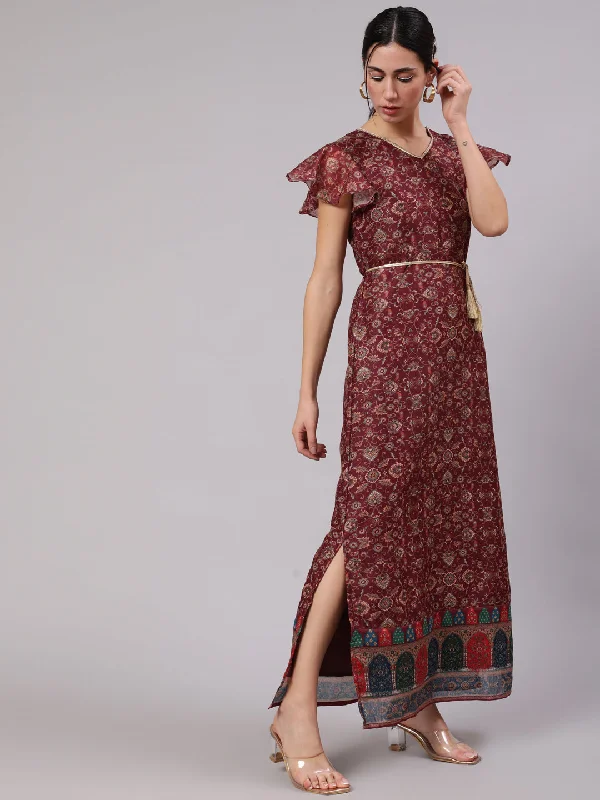 Women's Burgundy Digital Printed Slit Maxi Dress - Aks Stylish Button-Up Maxi Dress