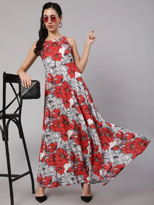 Women's Red & White Floral Printed Maxi Dress - Aks Comfortable Satin Maxi Dress