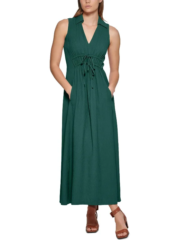 Womens Collar Long Maxi Dress Elegant Pleated Maxi Dress