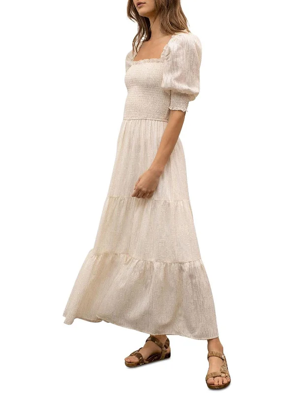 Womens Puff Sleeve Smocked Maxi Dress Elegant Maxi Dress with Slit