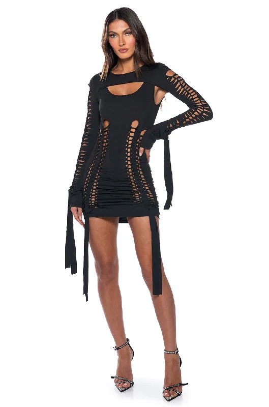 WORST BEHAVIOR DISTRESSED MINI DRESS Casual V-Neck Mini Dress